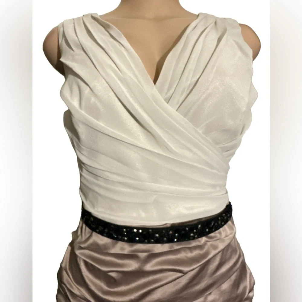 🤑SOLD🤑 Express Bodycon Dress Tan Color Block Stretch Mini Sleeveless Sexy - Picture 2 of 8